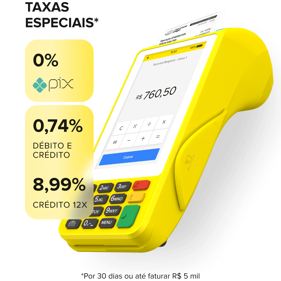 Point Pro 3 amarela com destaque para taxas promocionais de Pix, débito e crédito